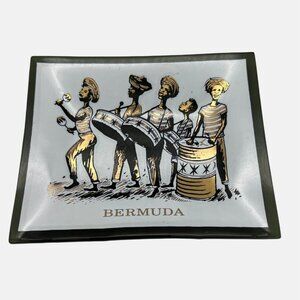 Vintage Smoked Glass Bermuda Trinket Dish w/ Musicians Design 4.75" x 3.75"